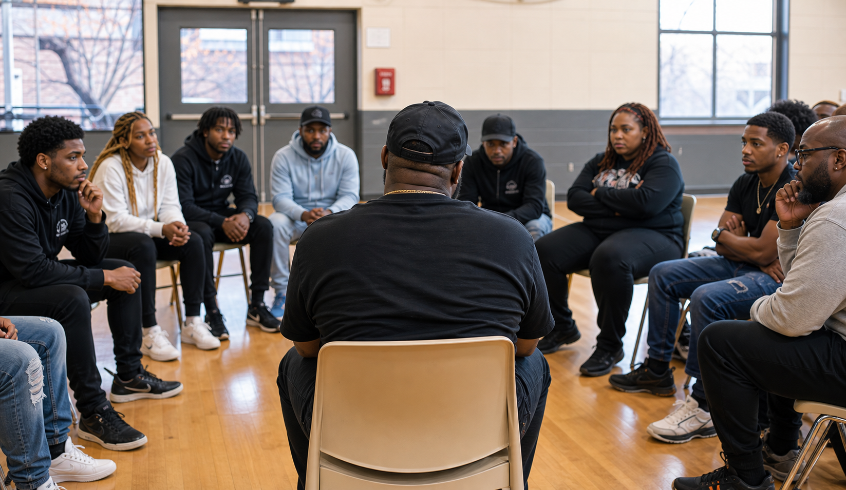 Indoor community support circle meeting