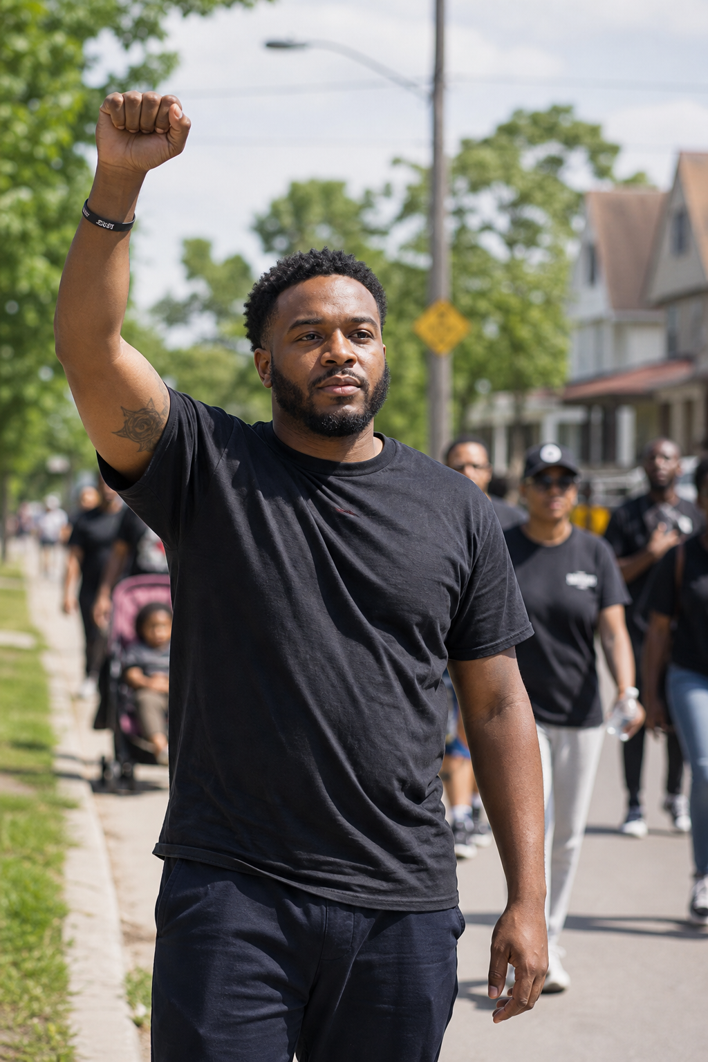 Community member raising a fist during Milwaukee outreach